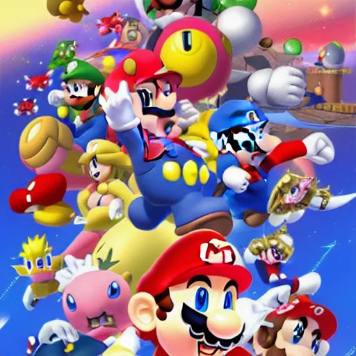 Image similar to super mario brothers and kirby super star ultra movie poster with pokemon super smash bros and princess peach star wars theme pokemon style detailed and accurate eyes