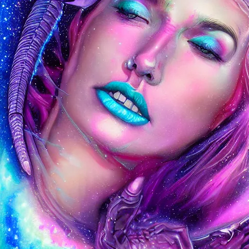 Prompt: a galaxy pink purple and blue colored psychedelic chakra awakening kundalini ethereal portrait of kim petras with her eyes closed transcending to a higher plane of existence, eternal blessing, multiverse, by android jones, by ben ridgeway, visionary art, by artgerm, featured on artstation, cgsociety, by greg rutkowski