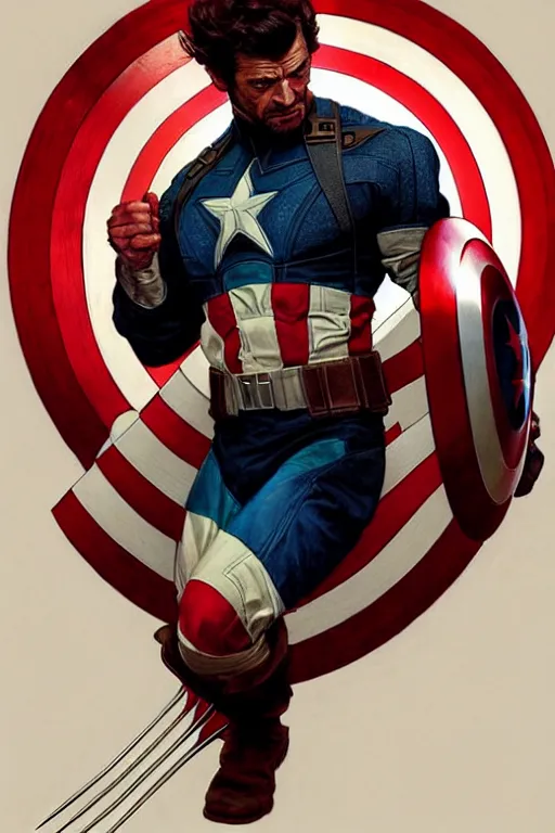 Image similar to wolverine as captain america, intricate, futuristic, fantasy, elegant, by Stanley Artgerm Lau, greg rutkowski, thomas kindkade, alphonse mucha, loish, norman Rockwell,