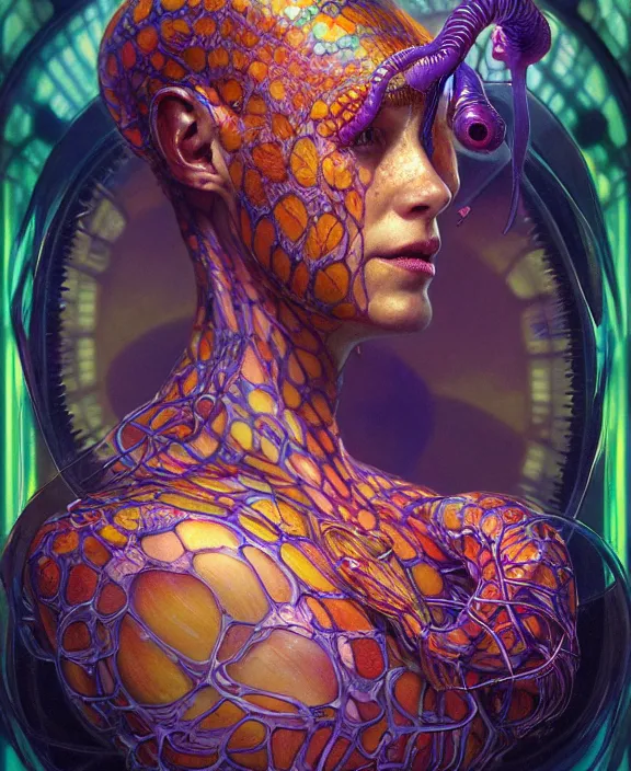 Prompt: intricate colorful transparent portrait of a disturbing beautiful alien snake creature, mottling coloring, adorable, childlike, medical equipment hospital environment, ultra realistic, concept art, art nouveau, photorealistic, octane render, 8 k, unreal engine. art by christopher marley and artgerm and greg rutkowski and alphonse mucha