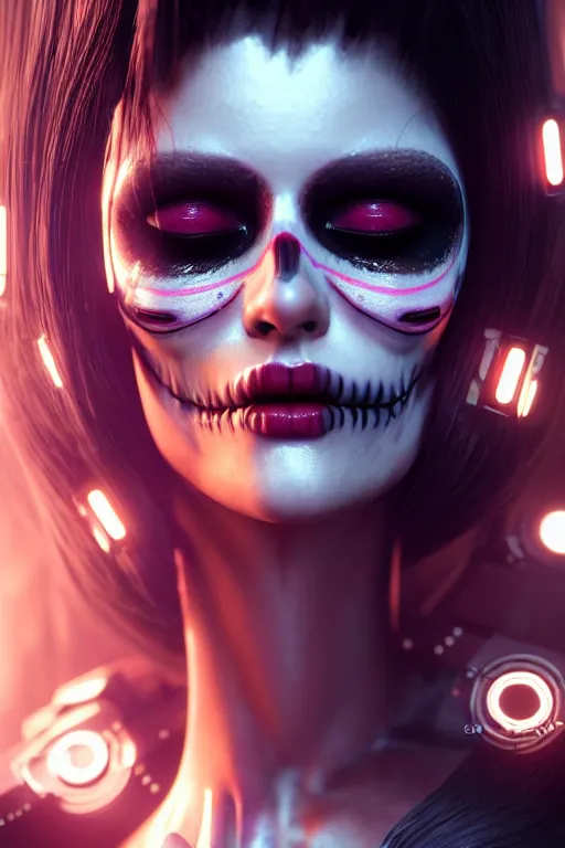 Prompt: beautiful android woman, crying eyes closed!, sharp, photorealistic cinematic, 3 d model, cyborg, postcyberpunk, blade runner, octane render, concept art, vogue, 8 k, intricate detailed environment el dia los muertos. terry oneill, artgerm, michael welan, giger, wlop, loish