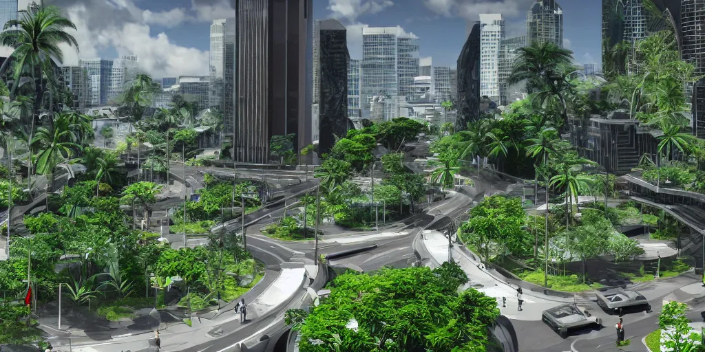 Prompt: Portland as Neo-Hawaii in the year 2055, futuristic, lush vegetation, white concrete, beautiful, detailed