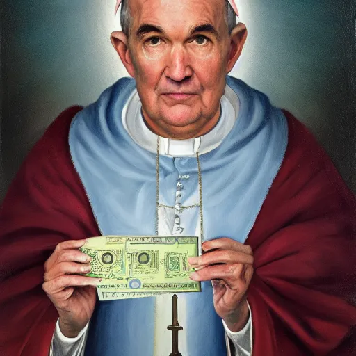 Image similar to pope jerome powell, wearing the pope hat, holding wad of money, patron saint of money printers, illuminated by the light of heaven, 8k, 4k, oil painting, award winning portrait of his holiness jerome powell, masterpiece