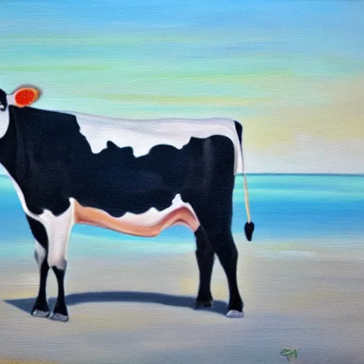 Prompt: a cow on a venician white sand beach, Oil on blue canvas