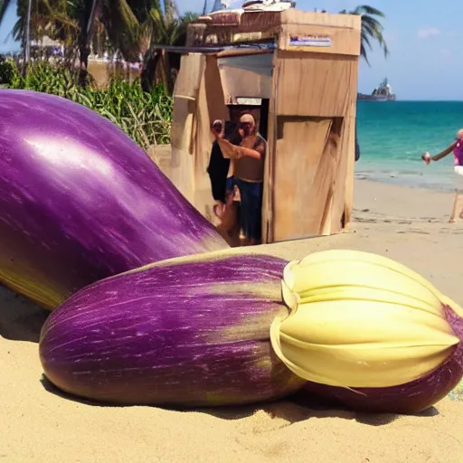 Prompt: huge eggplant in look like robot sunbathing on the beach among people, photo,