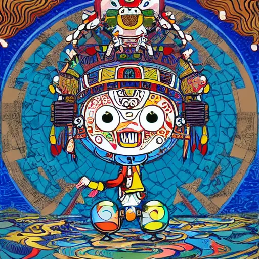 Image similar to a mayan warrior walking on water under the moon by takashi murakami, sir edward james and james jean, aya takano color style, 4 k, super detailed