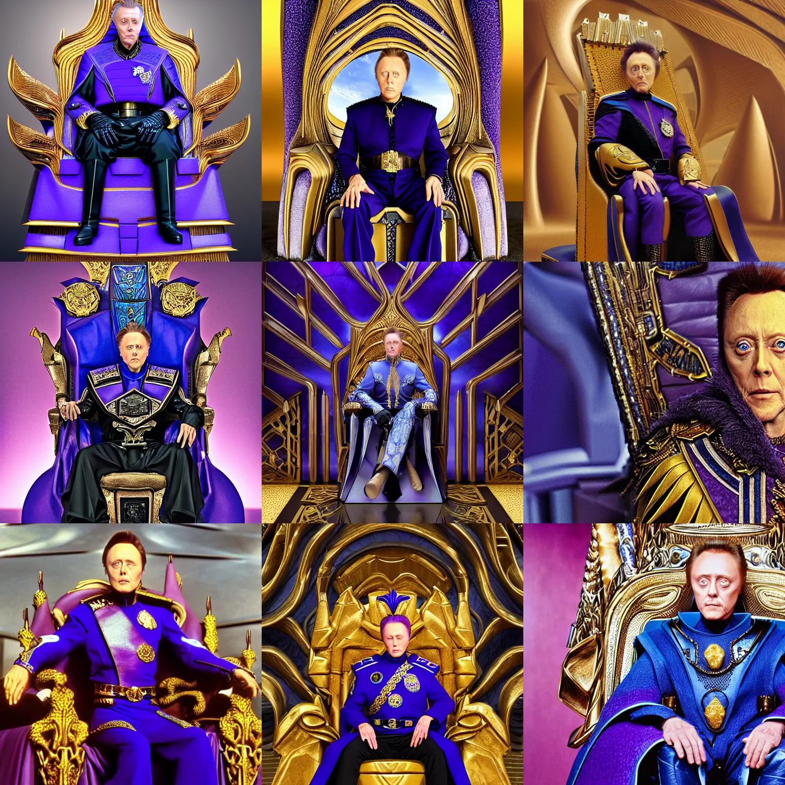 Prompt: Establishing shot of Christopher Walken as Emperor Shaddam IV in Dune, with blue eye-sclera, wearing futuristic ornate purple regal leather uniform, with two golden-lion-emblems on uniform, sitting on a throne inside a futuristic cubist-Gaudi hall, intricately detailed, Houdini render, 8k