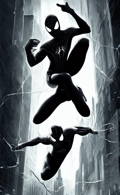 Image similar to epic spiderman noir wallpaper, dynamic lighting, photorealistic fantasy concept art, trending on art station, stunning visuals, creative, cinematic, ultra detailed