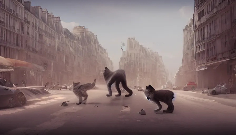 Image similar to cats crossing empty dusty streets of abandoned paris, heat wave, hyperdetailed, artstation, cgsociety, 8 k