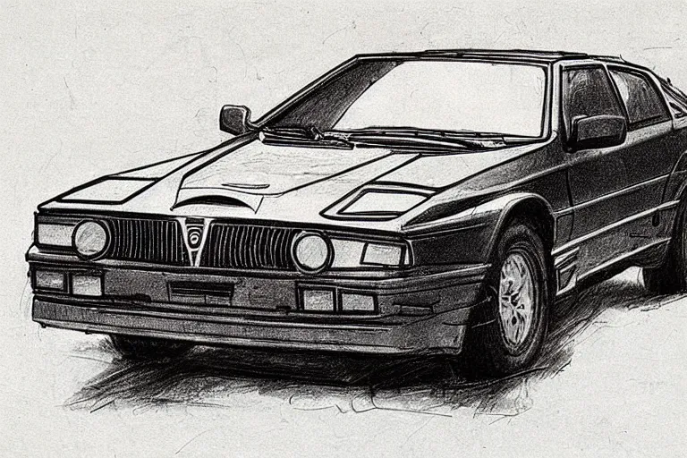 Prompt: ancient sketch by leonardo da vinci of a 1 9 8 8 lancia 0 3 7