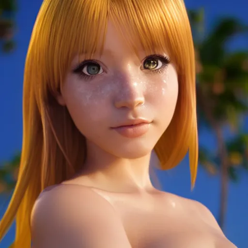 Image similar to Render of a very beautiful 3d anime girl, long hair, bikini shot, hazel eyes, cute freckles, full round face, short smile, golden hour, serene beach setting, medium shot, mid-shot, highly detailed, trending on Artstation, Unreal Engine 4k