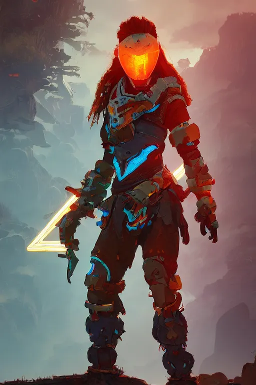 Image similar to combination suit armor aloy horizon forbidden west horizon zero dawn radiating a glowing aura global illumination ray tracing hdr fanart arstation by ian pesty and alena aenami artworks in 4 k tribal robot ninja mask helmet backpack