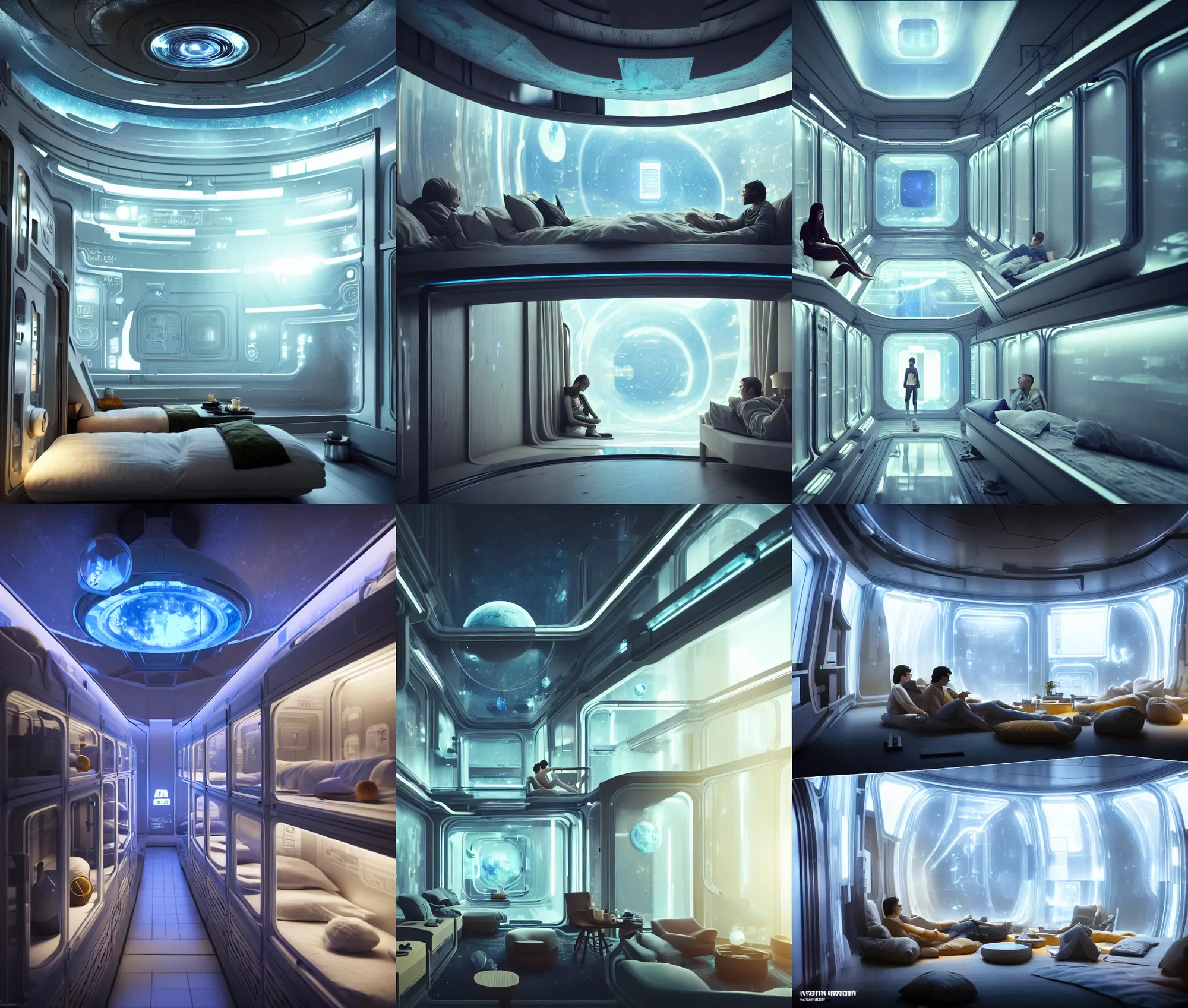 Image similar to very wide cinematic shot inside a scifi epic scale capsule hotel as ikea ad, modern lush condo as shopfront with terrarium lounge area, cathedral ceiling with holographic sky art ceiling, detailed archviz render, archdaily, scifi artstation concept, comfy lighting, star citizen, fine details, unreal engine, hyperrealism, realistic shading, blender render