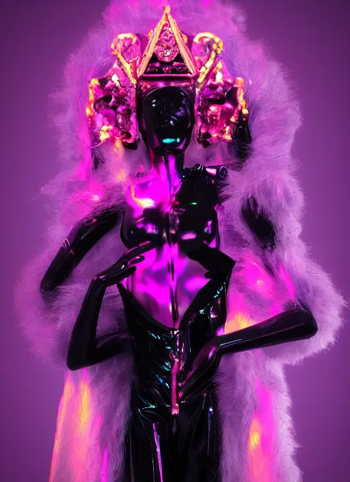 Image similar to photo of baroque and bladerunner delicate neon sapphire sculpture of seductive onyx albino king adrien sahores geometric pink iridescent humanoid deity wearing black fluffy hoody holding diamond skull in a black metallic dungeon, reclining, glowing rainbow face, crown of white diamonds, cinematic lighting, photorealistic, octane render 8 k depth of field 3 d