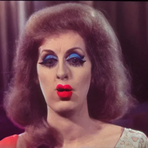 Prompt: 1976 woman on a television show with a long pickle snout nose, big nostrils, wearing a dress, 1976 French film color archival footage technicolor film expired film 16mm Fellini new wave John Waters Russ Meyer movie still