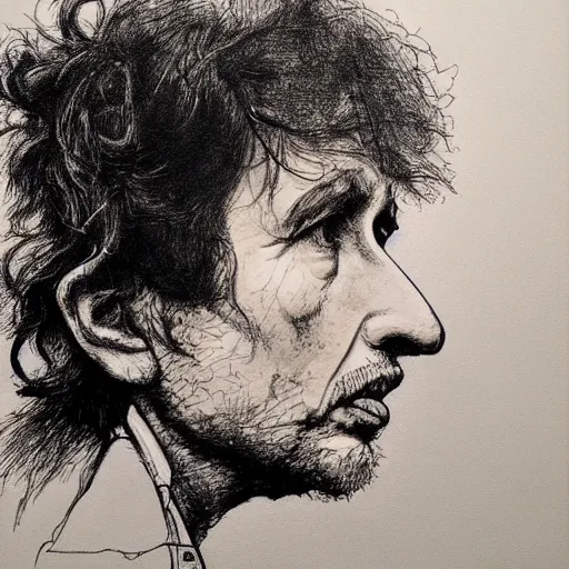 Image similar to a realistic yet scraggly portrait sketch of the side profile of a stern and sophisticated bob dylan, trending on artstation, intricate details, in the style of frank auerbach, in the style of sergio aragones, in the style of martin ansin, in the style of david aja, in the style of mattias adolfsson