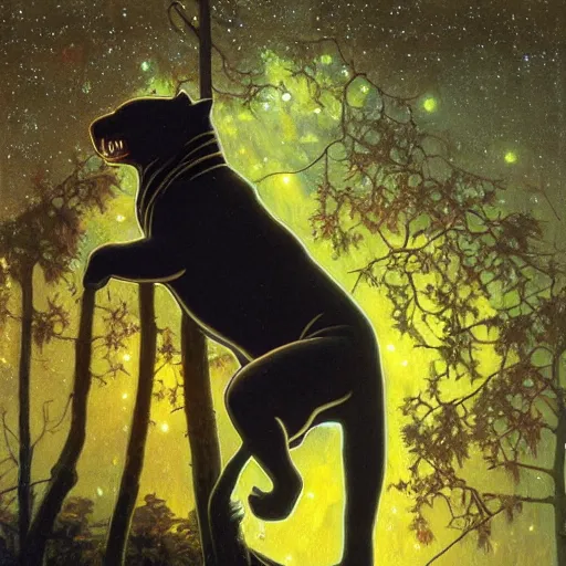 Prompt: a realistic oil painting of a bioluminescent panther hunting on a tree branch, at night with a sky full of stars, highly detailed, trending on artstation, by james gurney and michael whelan and krenz cushart and alphonse mucha