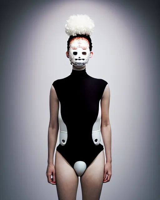 Image similar to portrait of a woman wearing a white embroidered translucent silicone mask and white red frizzy hair buns, wearing a black bodysuit by alexander mcqueen, cream white background, soft diffused light, biotechnology, humanoide robot, bjork aesthetic, translucent, by rineke dijkstra, intricate details, highly detailed, masterpiece,