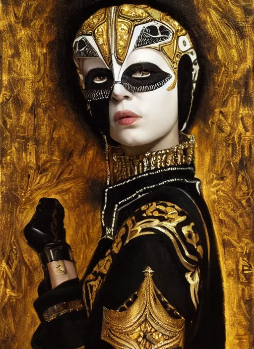 Image similar to highly detailed oil painting | very intricate | cinematic lighting | black, white and gold color scheme, dark background | the yoruba mask by alexander mcqueen | by roberto ferri, by gustav moreau, by singer sargent and klimt, american romanticism, by austin osman spare, artstation, cgsociety, official art, octane