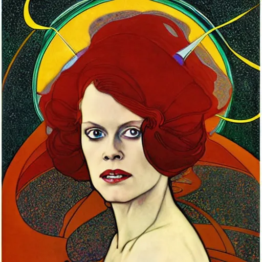 Image similar to portrait by joshua middleton of the young actress, sigourney weaver as ming the merciless, archenemy of flash gordon, saviour of the universe, klimt, mucha, 1 9 7 0 s poster,