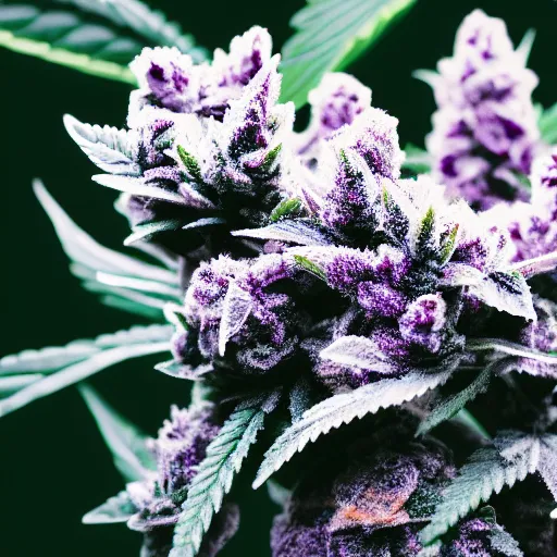 Image similar to photo of single indoor marijuana plant with dense purple frosty nugs, closeup, 4 k, cinematic