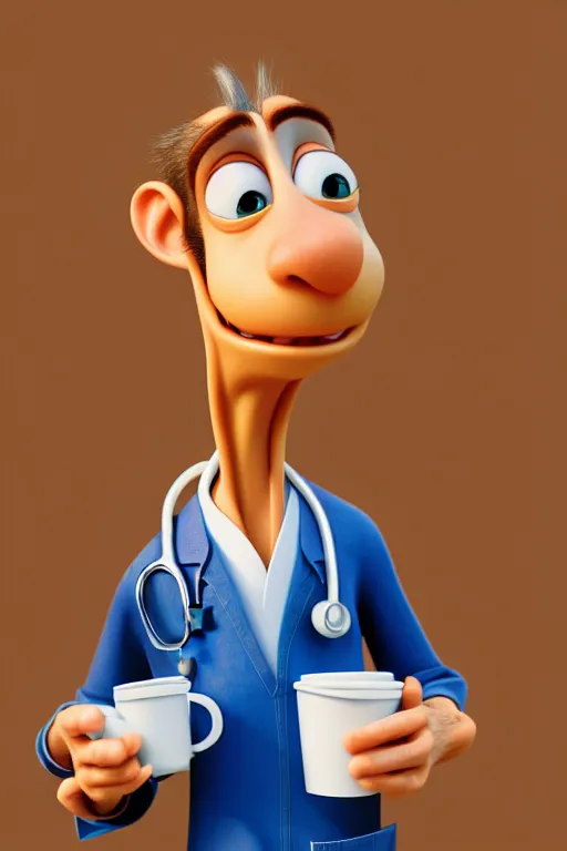 Image similar to portrait of a doctor holding a cup of coffee, hospital in background, full body. pixar disney 4 k 3 d render funny animation movie oscar winning trending on artstation and behance. ratatouille style.