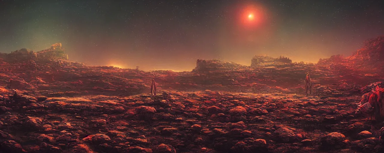 Image similar to ” otherwordly barren landscape at night, [ cinematic, detailed, epic, widescreen, opening, establishing, mattepainting, photorealistic, realistic textures, octane render, art by slop and paul lehr ] ”