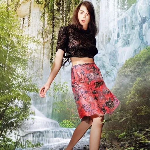 Prompt: cute cybernetically - enhanced young model in nature wearing valentino 2 0 1 6 spring floral lace patterned sheer skirt lounging by a mystical holo waterfall, wide - shot