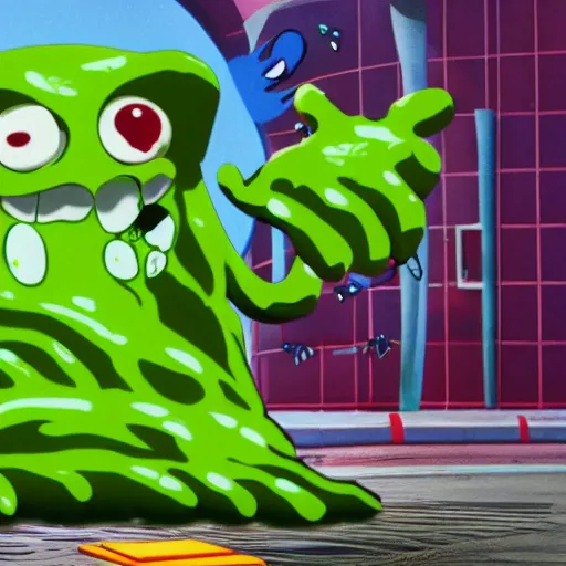 Prompt: a film still of slime monster made of beans attacking tokyo