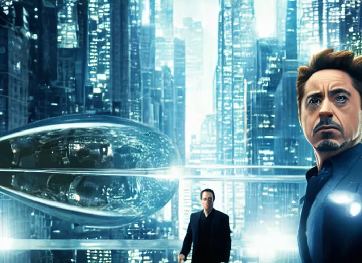 Prompt: film still of Robert Downey Jr as Cobb with the world bending as a series of mirrors in the background in Inception, 4k