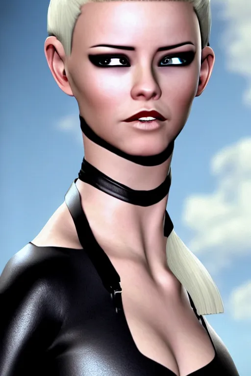 Prompt: realistic photograph. cute but dangerous female halfling thief. crooked, cocky smirk. short slickedback gelledback butch hairstyle, slight widow'speak. paleblonde hair, fair complexion, icy blue eyes. face like amber heard, angular, feminine, pretty, mischievous. young ectomorphic fit. black leather tunic.