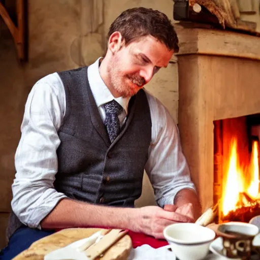 Image similar to man in a waistcoat sitting with a log fire opposite him at a table romantic soft focus nikon