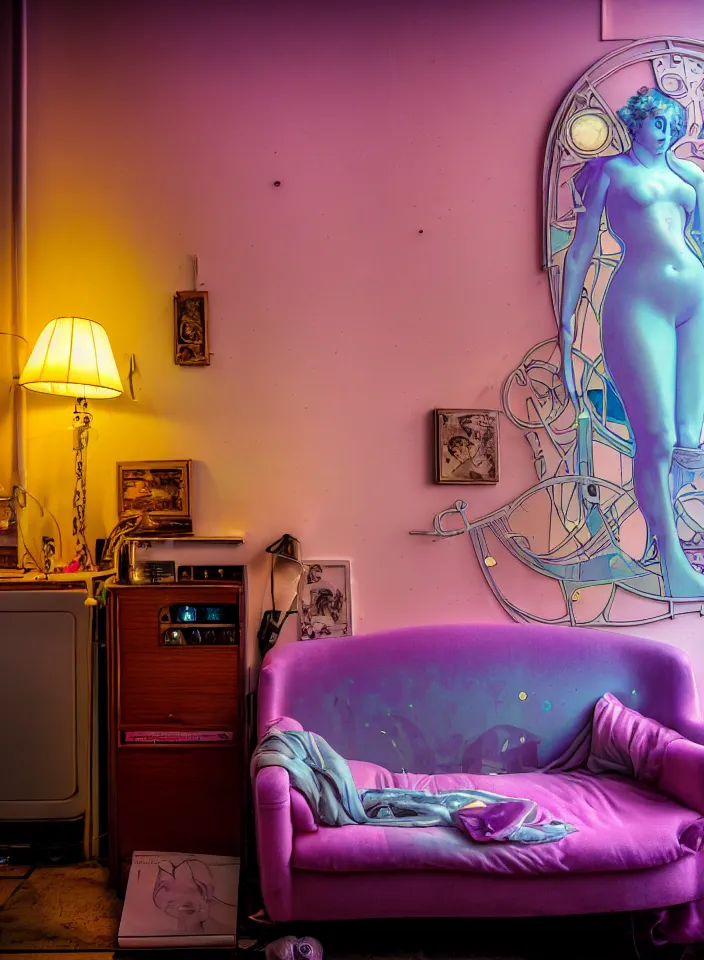 Image similar to telephoto 7 0 mm f / 2. 8 iso 2 0 0 photograph depicting the feeling of chrysalism in a cosy safe cluttered french sci - fi ( art nouveau ) cyberpunk apartment in a pastel dreamstate art cinema style. ( sofa ) ( ( fish tank ) ), ambient light.