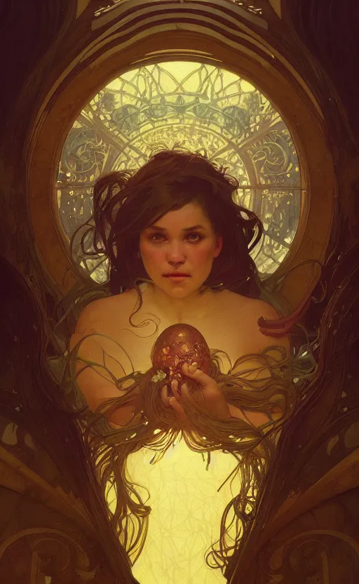 Image similar to a portrait of a hideous monstrosity of a fat blob, concept art, deep focus, intricate, highly detailed, digital painting, artstation, matte, sharp focus, illustration, art by greg rutkowski and alphonse mucha