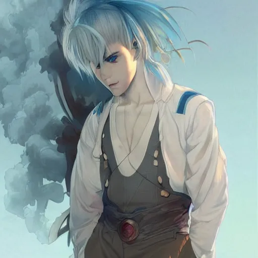 Prompt: generic emotionally distant white - haired anime boy with questionable morals and even more questionable taste in tattoos, highly detailed, sharp focus, artstation, digital painting, by artgerm and greg rutkowski and alphonse mucha
