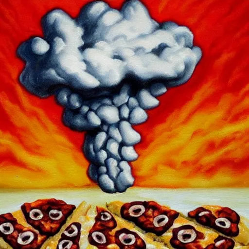 Image similar to mushroom cloud made of pizza. 4 k highly detailed oil painting.