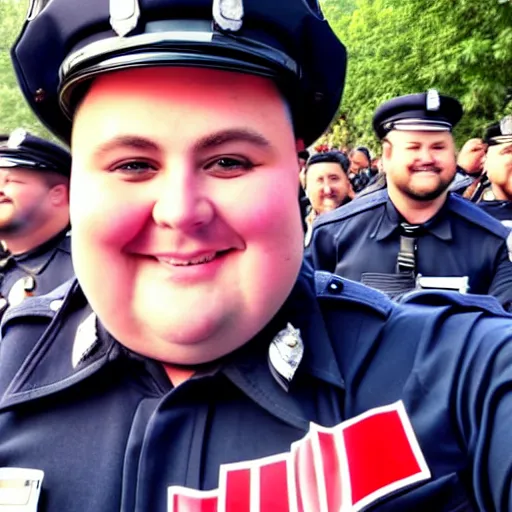 Prompt: chubby cop takes a smiling selfie in front of a riot, high detail, full focus, time magazine 2 0 2 2