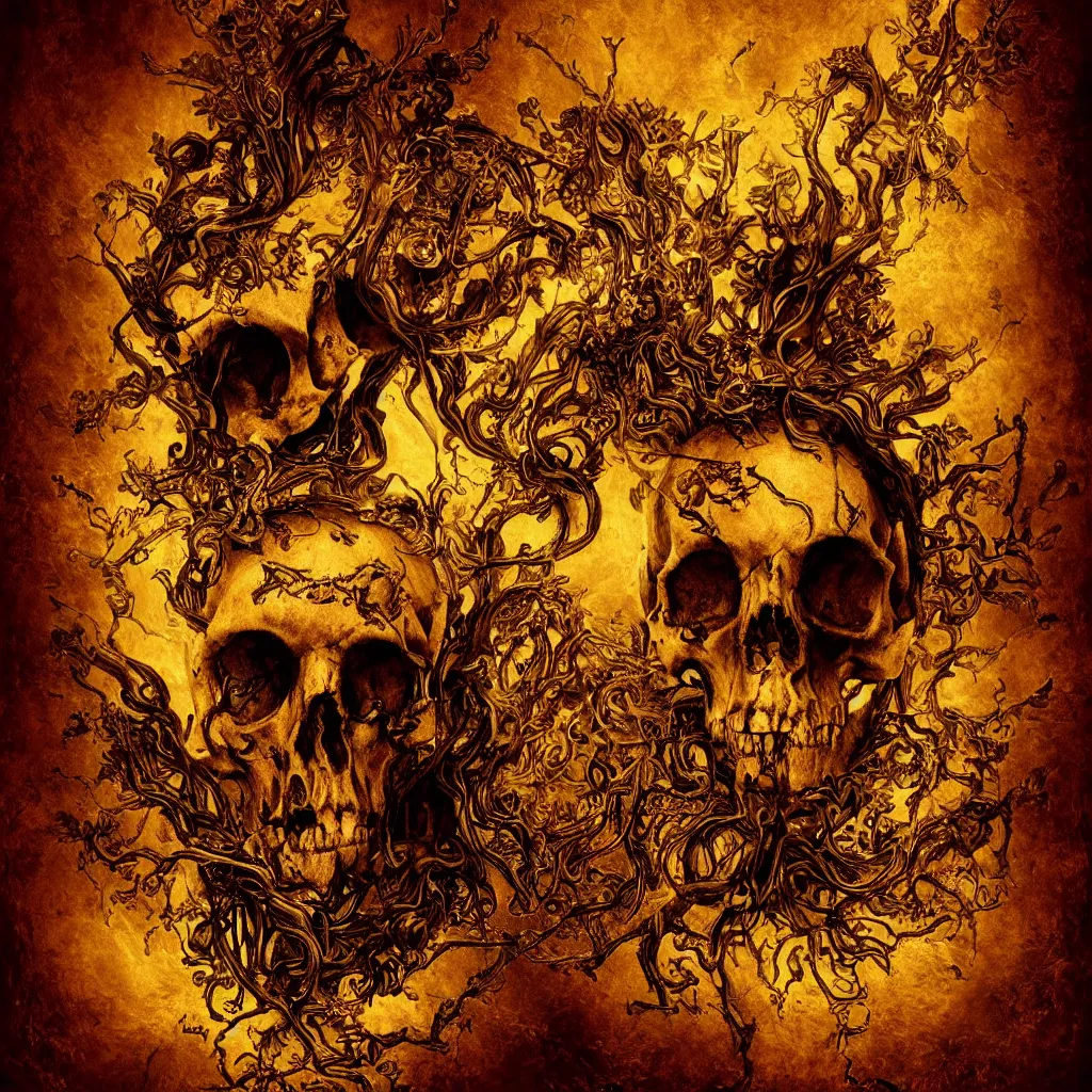 Prompt: ominous chiaroscuro baroque still life poster of a lonely golden runic skull intricately decorated with ancient runic inscriptions and prophecy engravings. dramatic ray of light, ultra detailed, unreal engine 5 by elden ring, billelis, ominous dark background. weirdcore ( lord of the rings : the return of the king 2 0 0 3 )