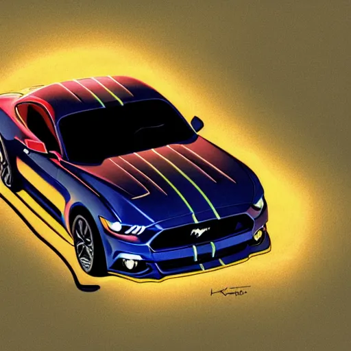 Prompt: ford mustang top view with shades on it and random color lights escaping from a door to lighting the car, painting by Kentarō Miura