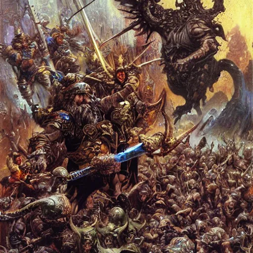 Image similar to art by donato giancola and bayard wu and gustav moreau and wayne barlowe, a fantasy cinematic close up shot of a dwarf berserker, fighting a horde of rats, warhammer, dnd, fighting monsters,