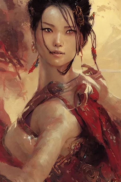 Prompt: wuxia, attractive female warrior, character design, colorful, painting by gaston bussiere, craig mullins, greg rutkowski, j. c. leyendecker