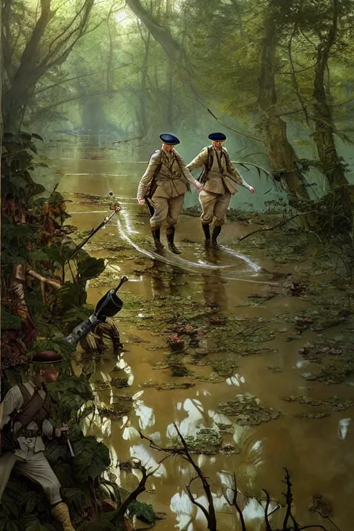 Prompt: two world war 1 soldiers walking in water in a beautiful forest, fantasy highly detailed, intricate, smooth, art by joseph leyendecker, peter mohrbacher, ruan jia, marc simonetti, ayami kojima, cedric peyravernay, alphonse mucha, victo ngai