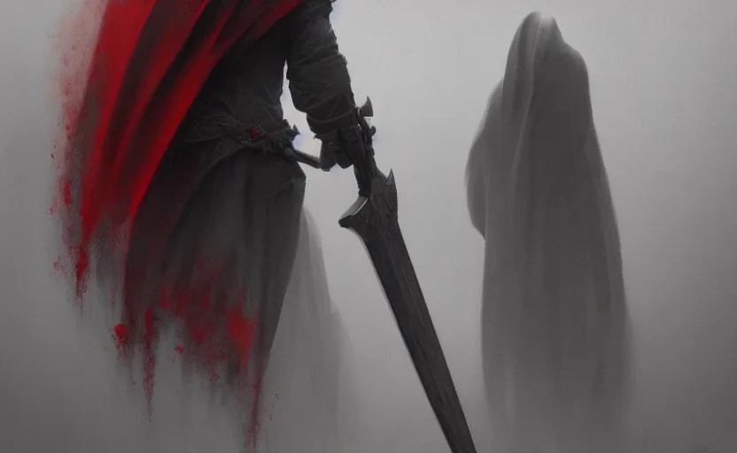 Prompt: the grim reaper, back, soft grey and red natural light, film grain, intricate, digital painting, artstation, concept art, smooth, sharp focus, illustration, art by greg rutkowski and luis rollo and uang guangjian and gil elvgren, symmetry!