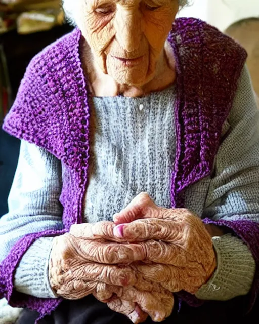 Image similar to a beautiful photograph of an elderly woman’s four hands as she’s crochets an Afghan, her four hands are highly realistic and accurate