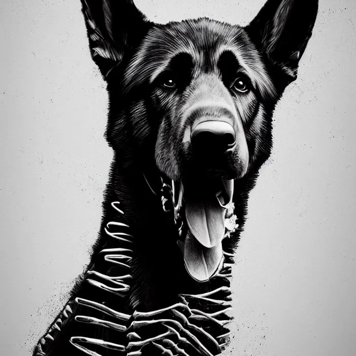 Image similar to portrait of German Shepherd Dog as skeleton. intricate abstract. intricate artwork. by Tooth Wu, wlop, beeple, dan mumford. octane render, trending on artstation, greg rutkowski, very coherent symmetrical artwork. cinematic, hyper realism, high detail, octane render, 8k, iridescent accents, deep blacks