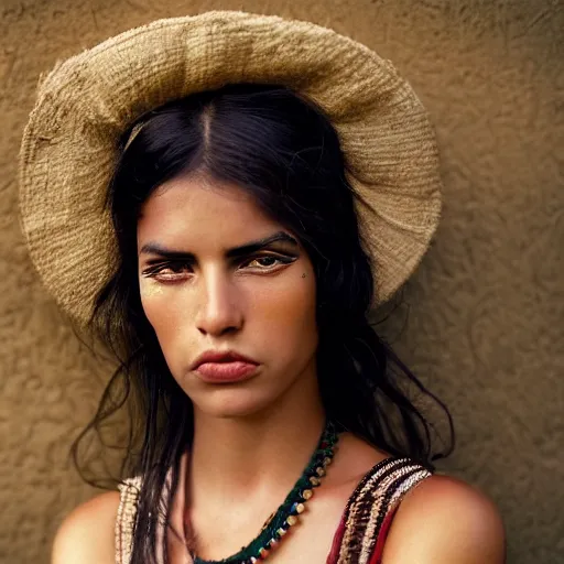 Prompt: vintage portrait of a stunningly beautiful amazonian female, dark eyes, dark hair, olive skin, depth of field, zeiss lens, detailed, symmetrical, centered, fashion photoshoot, by edward s curtis, Annie Leibovitz and Steve McCurry, David Lazar, Jimmy Nelsson, Breathtaking, 8k resolution, extremely detailed, beautiful, establishing shot, artistic, hyperrealistic, beautiful face, octane render