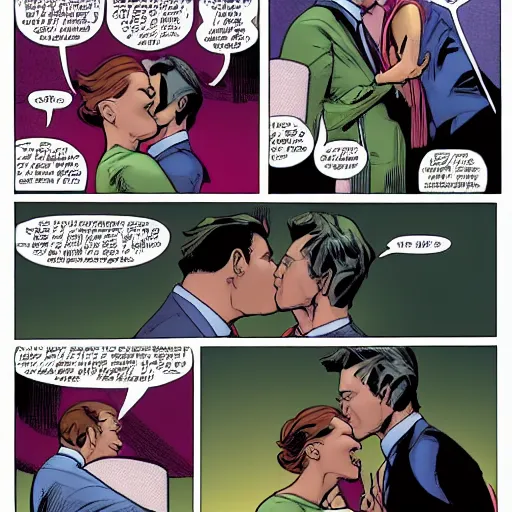 Prompt: amazing comic book panel of Norman Osborn kissing female Peter Parker