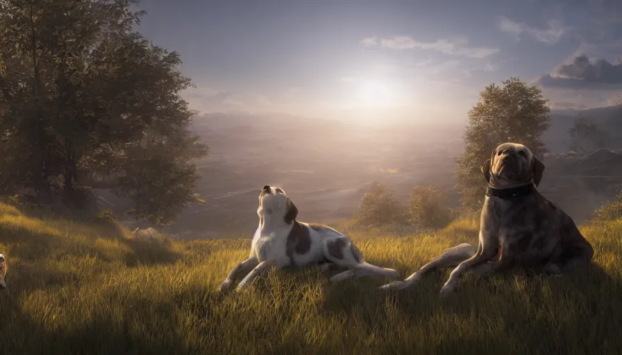 Image similar to dog watching the sun sitting on a hill, hyperdetailed, artstation, cgsociety, 8 k