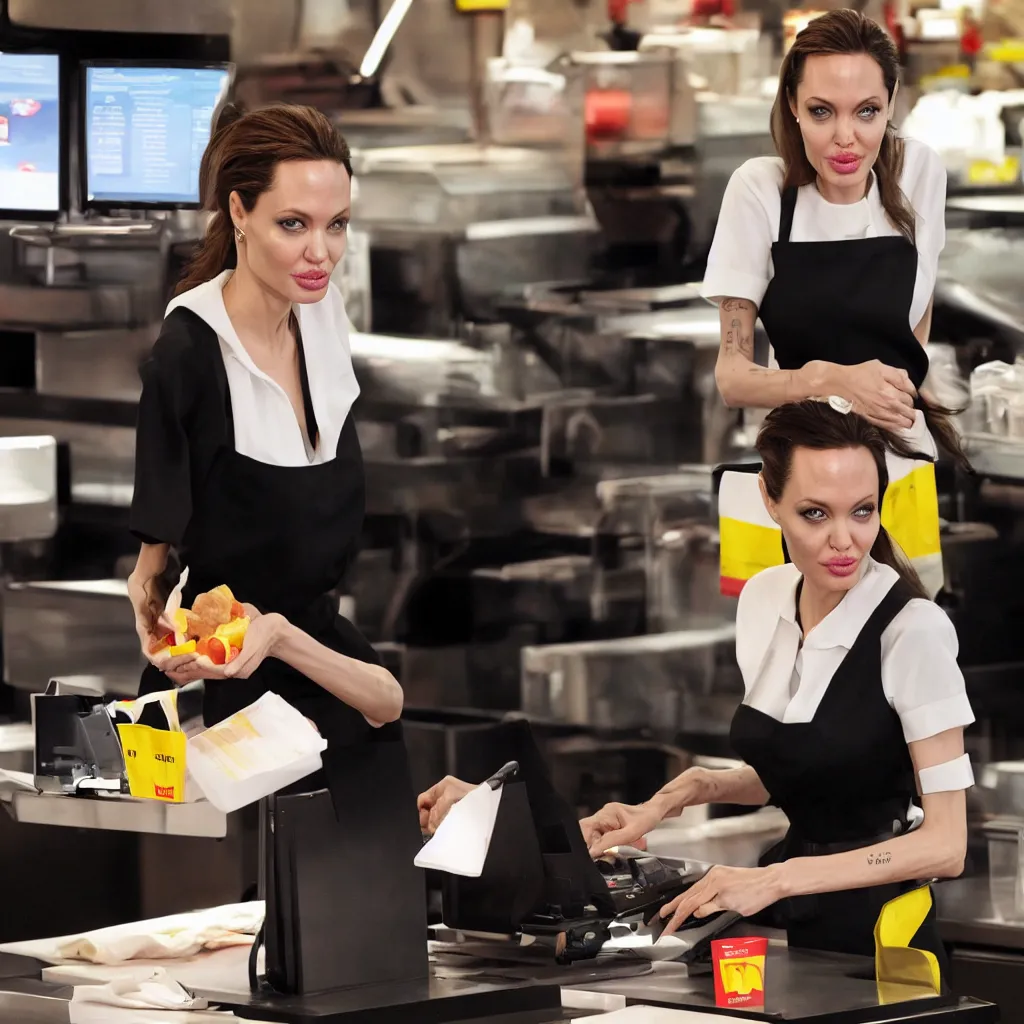 Prompt: Angelina Jolie working as a McDonalds cashier, macro, dramatic, HD