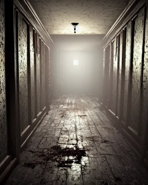 Image similar to Resident Evil 7, American gothic interior, mold growing on walls, wooden floor, atmospheric, nighttime scene, photorealistic narrow hallway with broken windows, horror